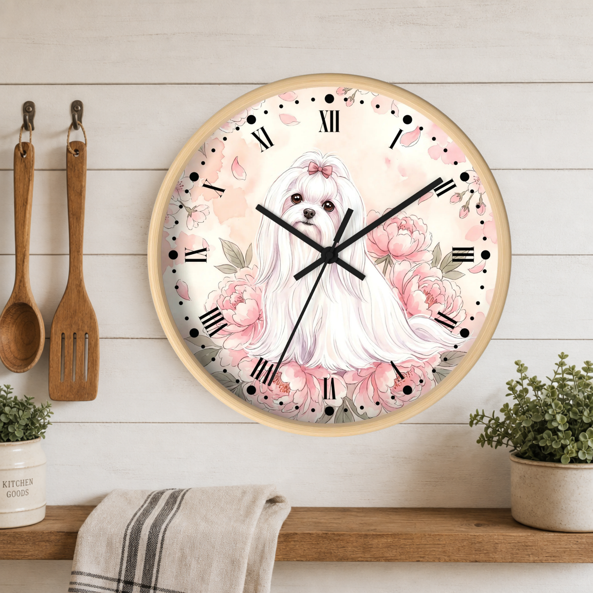 Floral Victorian Maltese Wall Clock — Watercolor Pink Peony Dog Decor