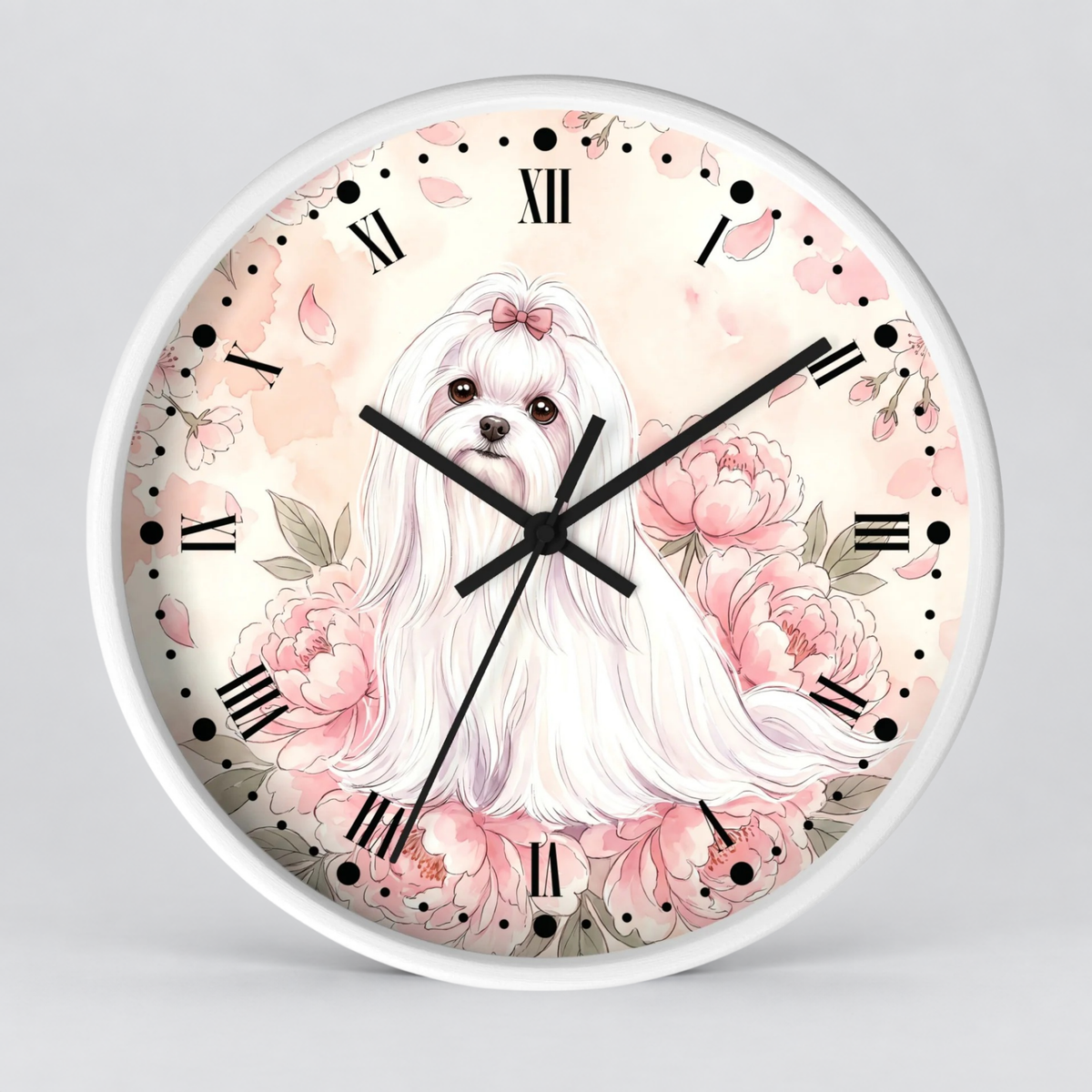 Floral Victorian Maltese Wall Clock — Watercolor Pink Peony Dog Decor