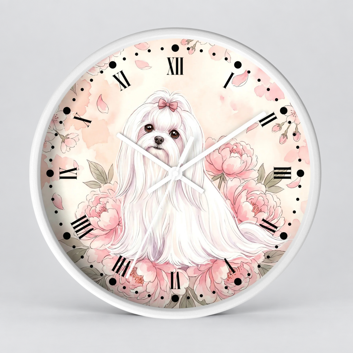 Floral Victorian Maltese Wall Clock — Watercolor Pink Peony Dog Decor