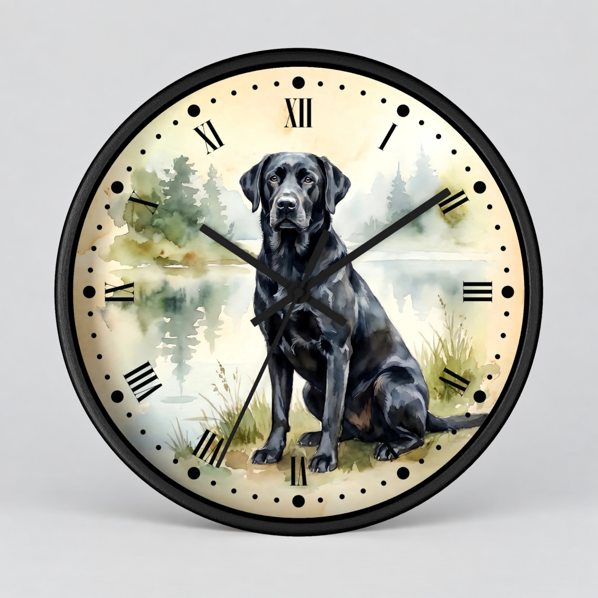 Vintage Black Labrador Wall Clock — Watercolor Lake Dog Decor