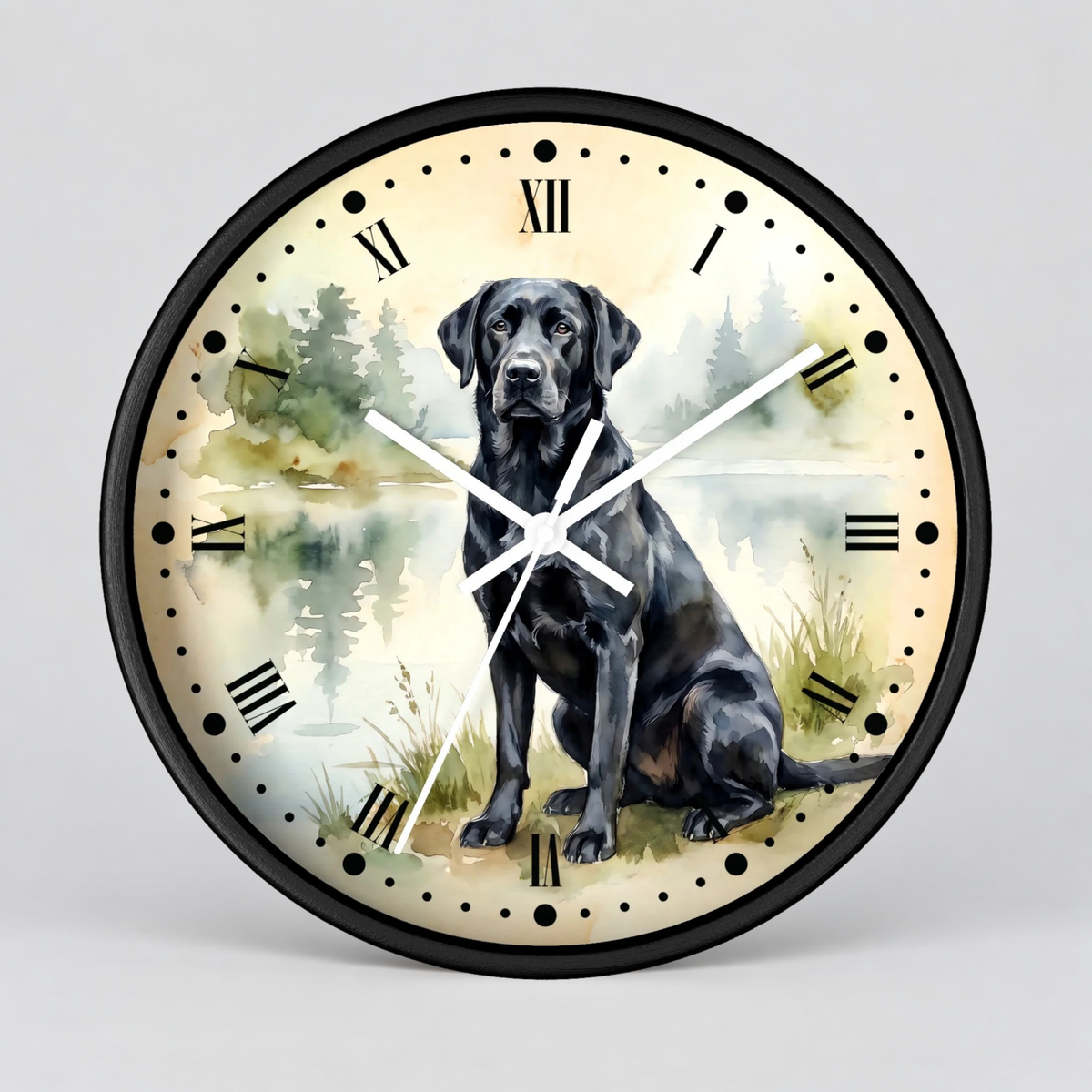 Vintage Black Labrador Wall Clock — Watercolor Lake Dog Decor