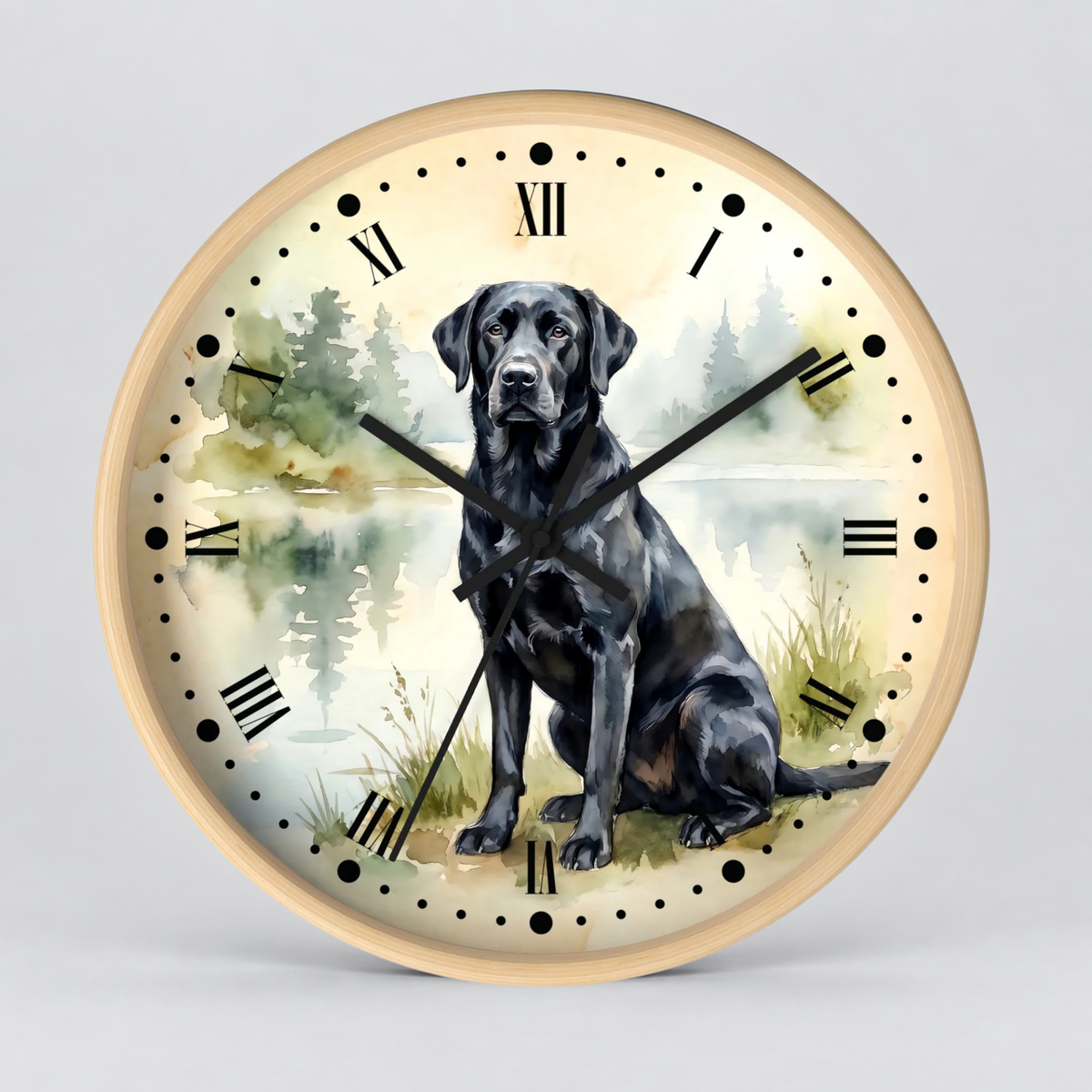 Vintage Black Labrador Wall Clock — Watercolor Lake Dog Decor