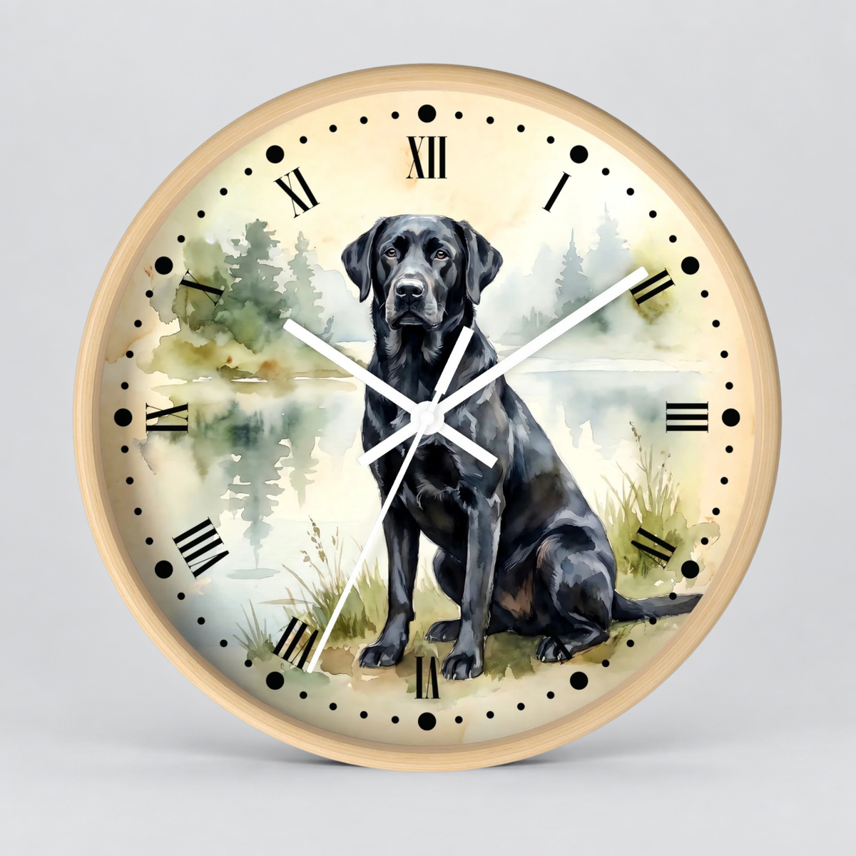 Vintage Black Labrador Wall Clock — Watercolor Lake Dog Decor