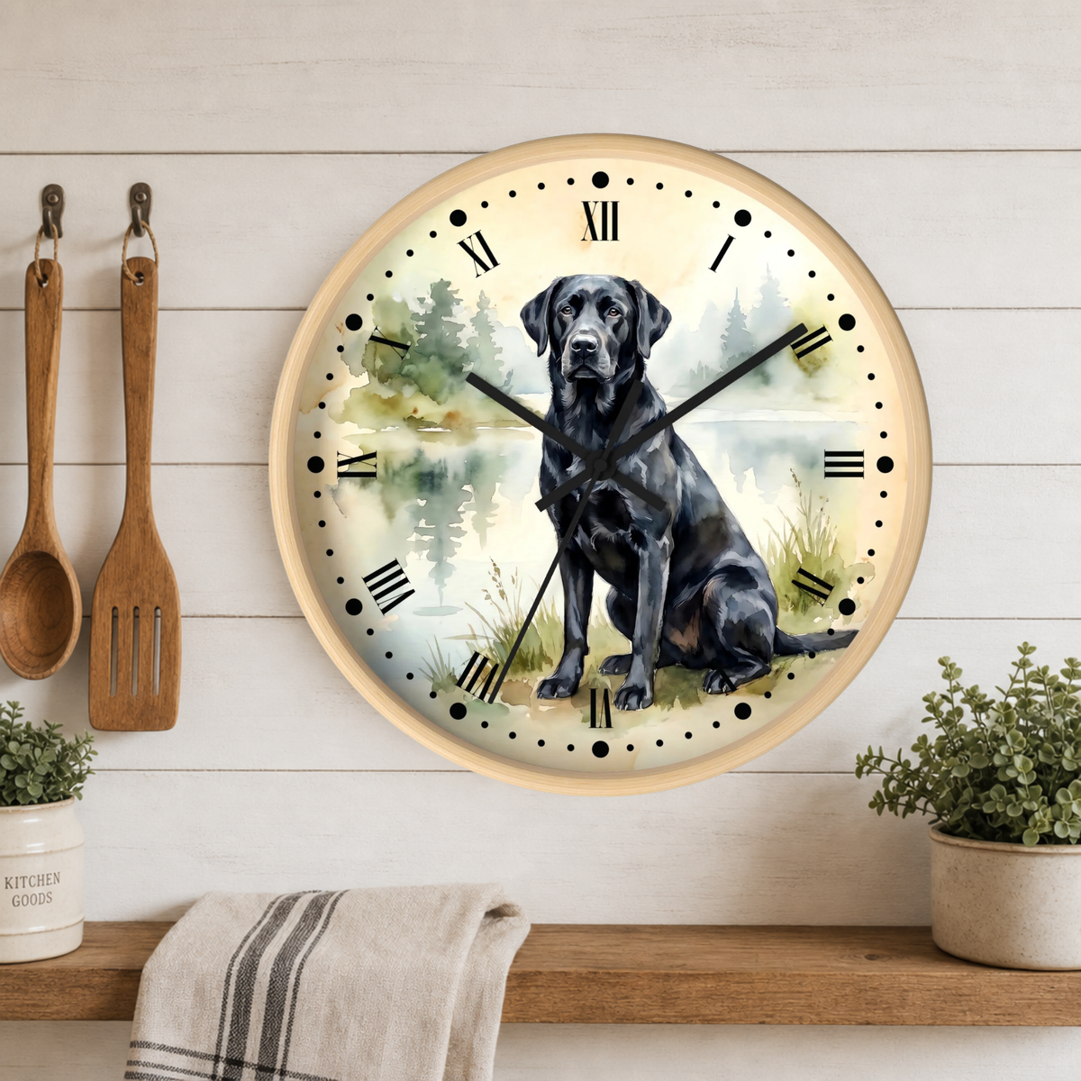 Vintage Black Labrador Wall Clock — Watercolor Lake Dog Decor