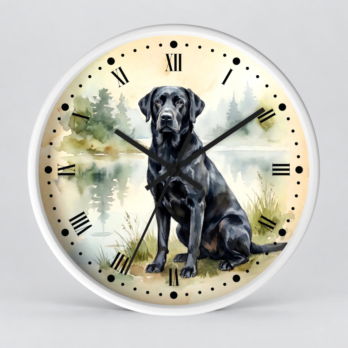 Vintage Black Labrador Wall Clock — Watercolor Lake Dog Decor