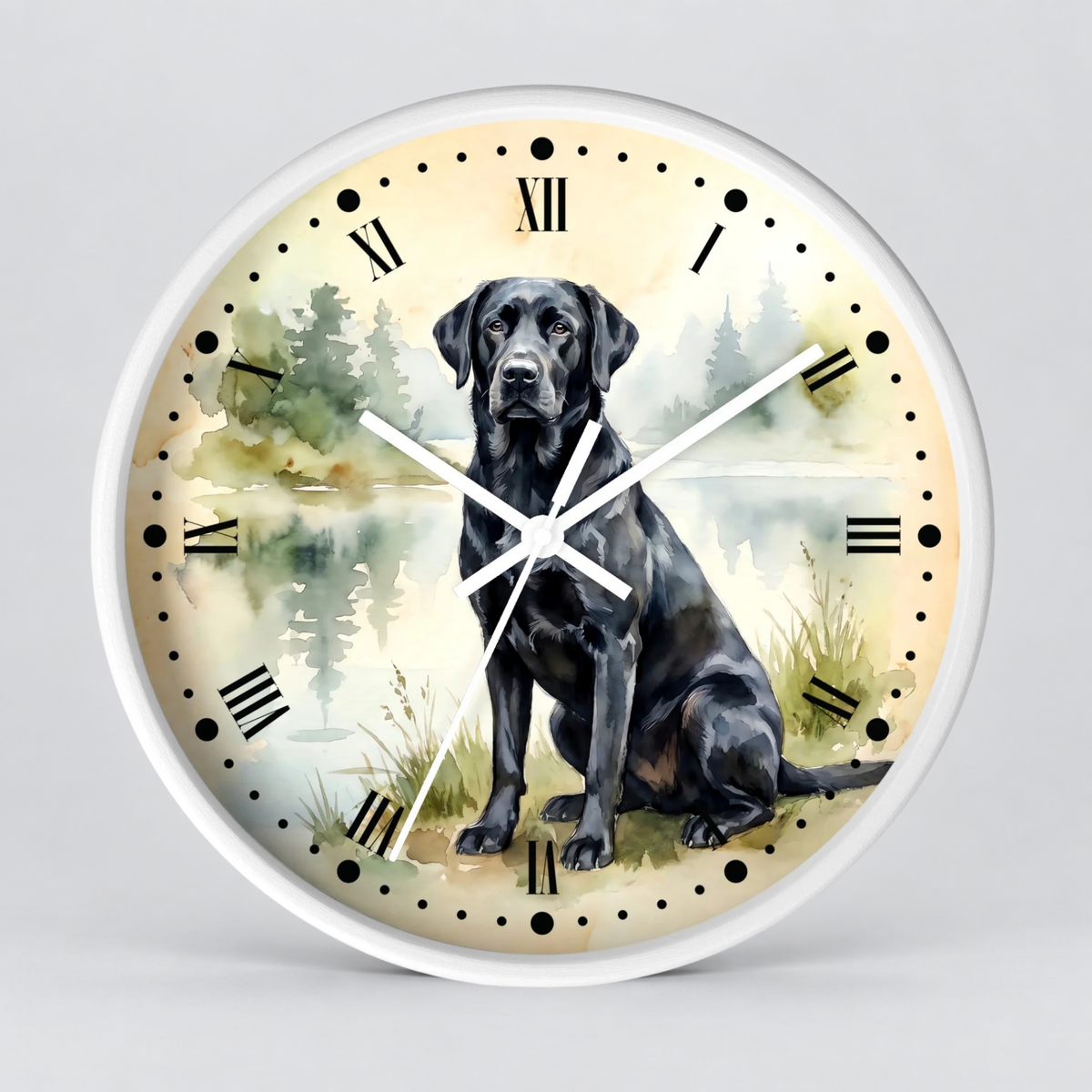Vintage Black Labrador Wall Clock — Watercolor Lake Dog Decor