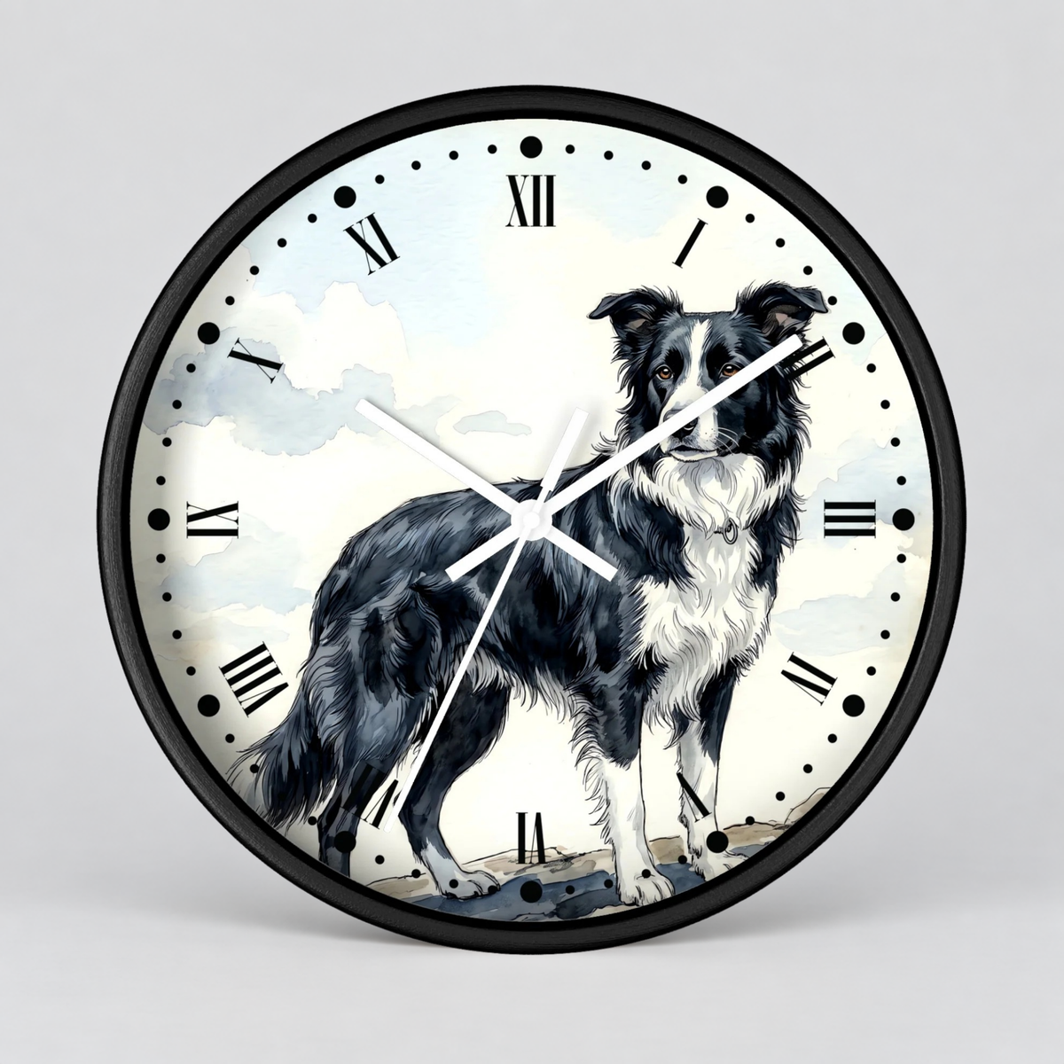 Border Collie Wall Clock — Watercolor Dog Portrait Decor