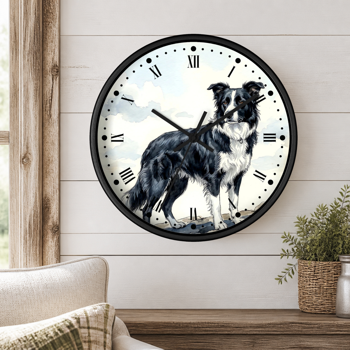 Border Collie Wall Clock — Watercolor Dog Portrait Decor