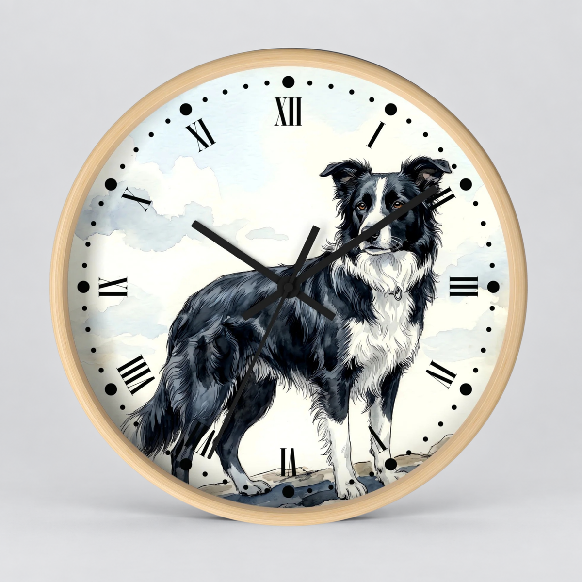 Border Collie Wall Clock — Watercolor Dog Portrait Decor