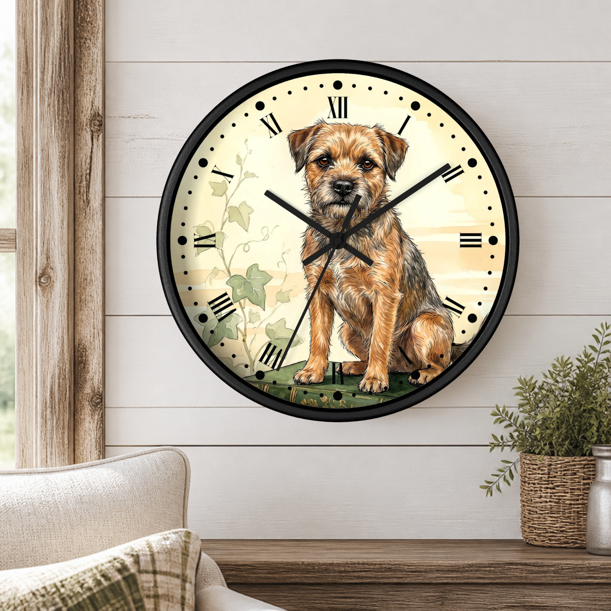Border Terrier Wall Clock — Vintage Botanical Dog Decor for Pet Lovers
