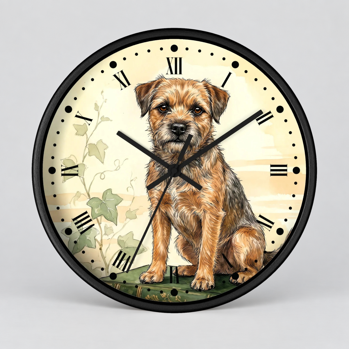 Border Terrier Wall Clock — Vintage Botanical Dog Decor for Pet Lovers