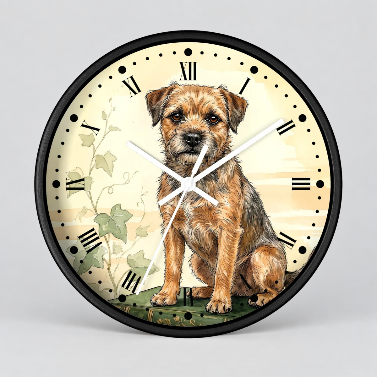 Border Terrier Wall Clock — Vintage Botanical Dog Decor for Pet Lovers