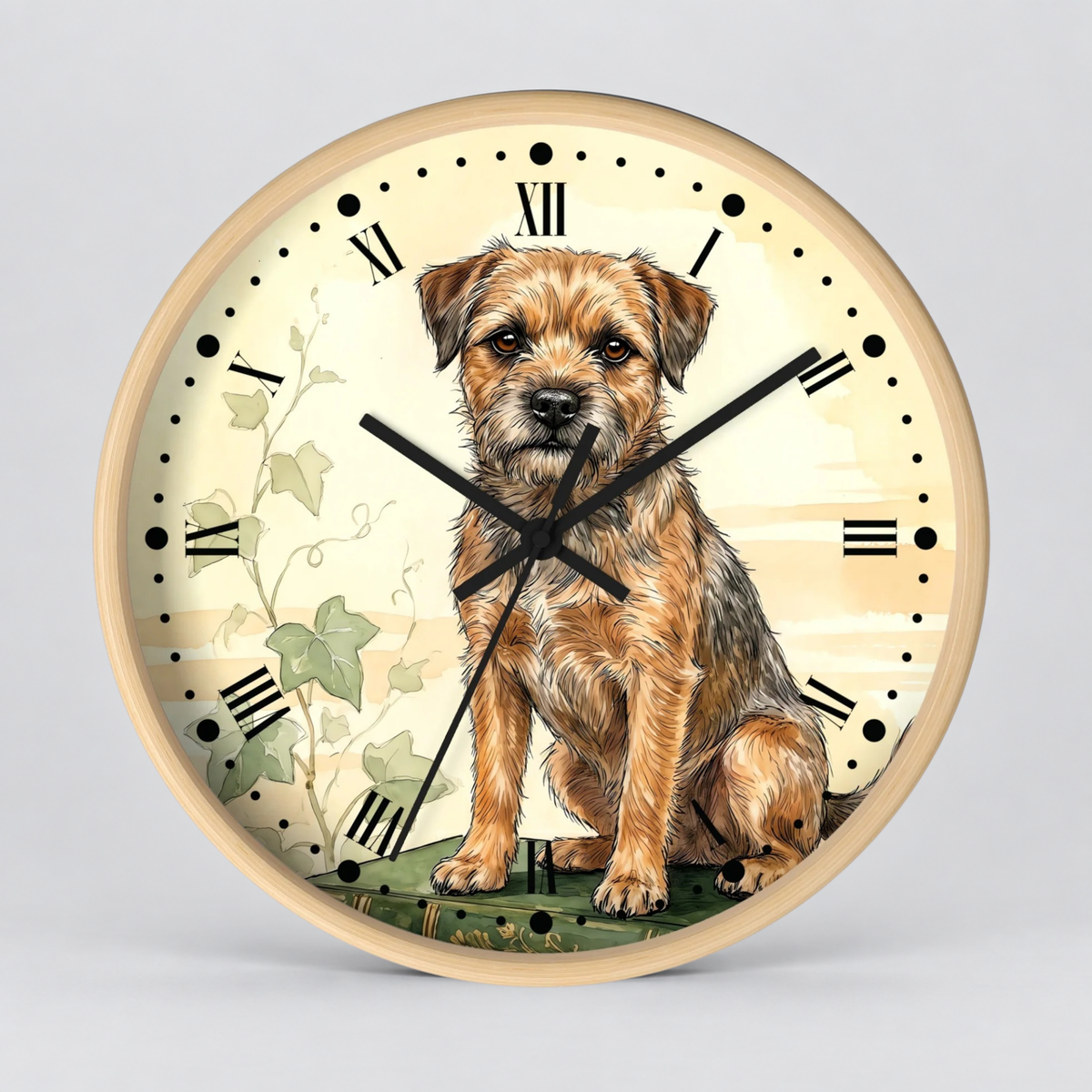 Border Terrier Wall Clock — Vintage Botanical Dog Decor for Pet Lovers