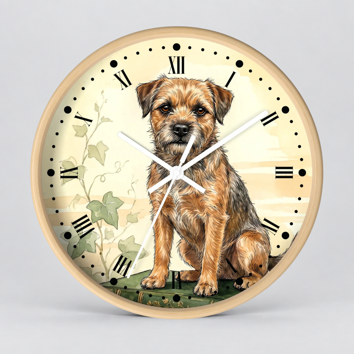 Border Terrier Wall Clock — Vintage Botanical Dog Decor for Pet Lovers