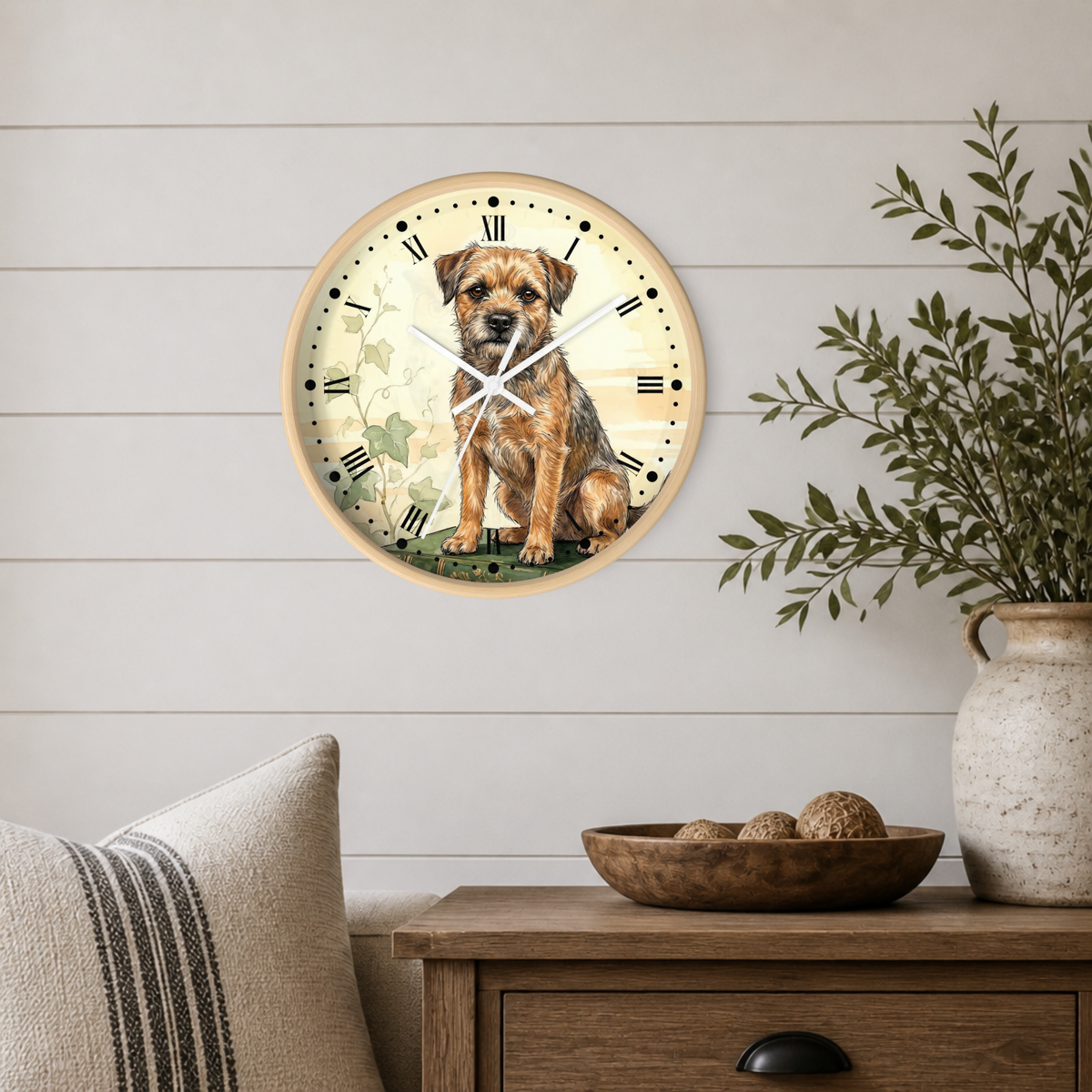Border Terrier Wall Clock — Vintage Botanical Dog Decor for Pet Lovers