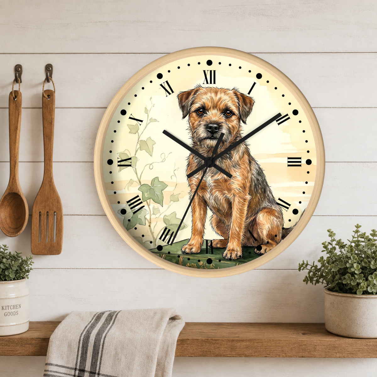 Border Terrier Wall Clock — Vintage Botanical Dog Decor for Pet Lovers