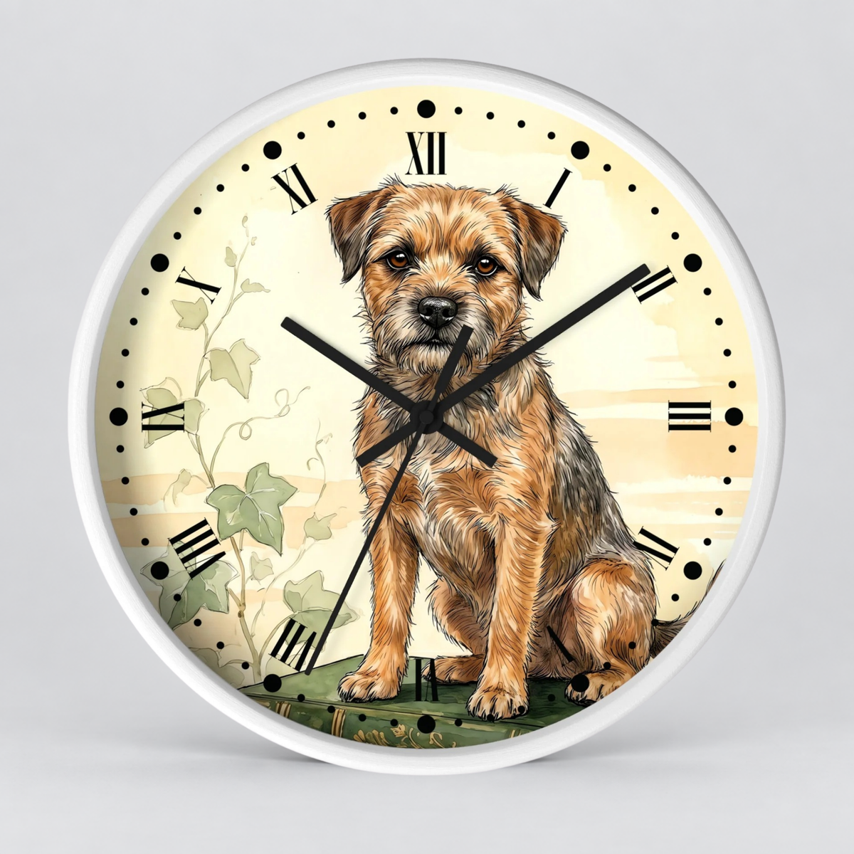 Border Terrier Wall Clock — Vintage Botanical Dog Decor for Pet Lovers