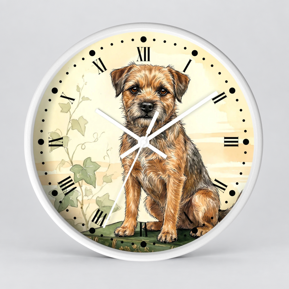 Border Terrier Wall Clock — Vintage Botanical Dog Decor for Pet Lovers