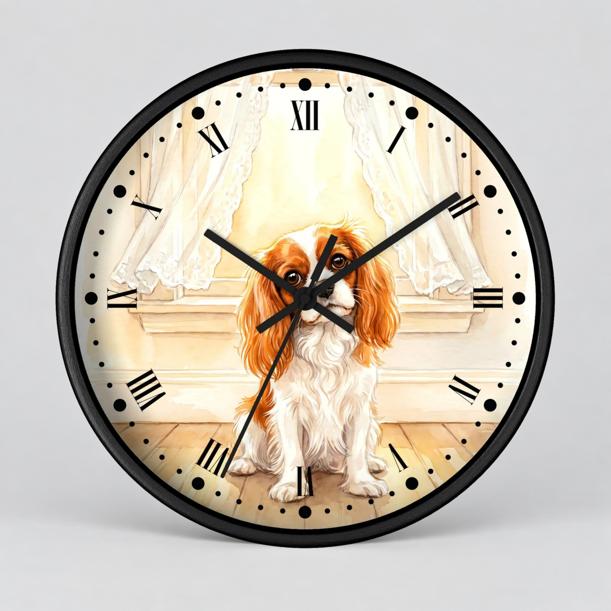 Round wall clock with a black frame and a printed face featuring a Cavalier King Charles Spaniel dog sitting in front of white curtains and a wooden floor, with black Roman numerals and black clock hands.