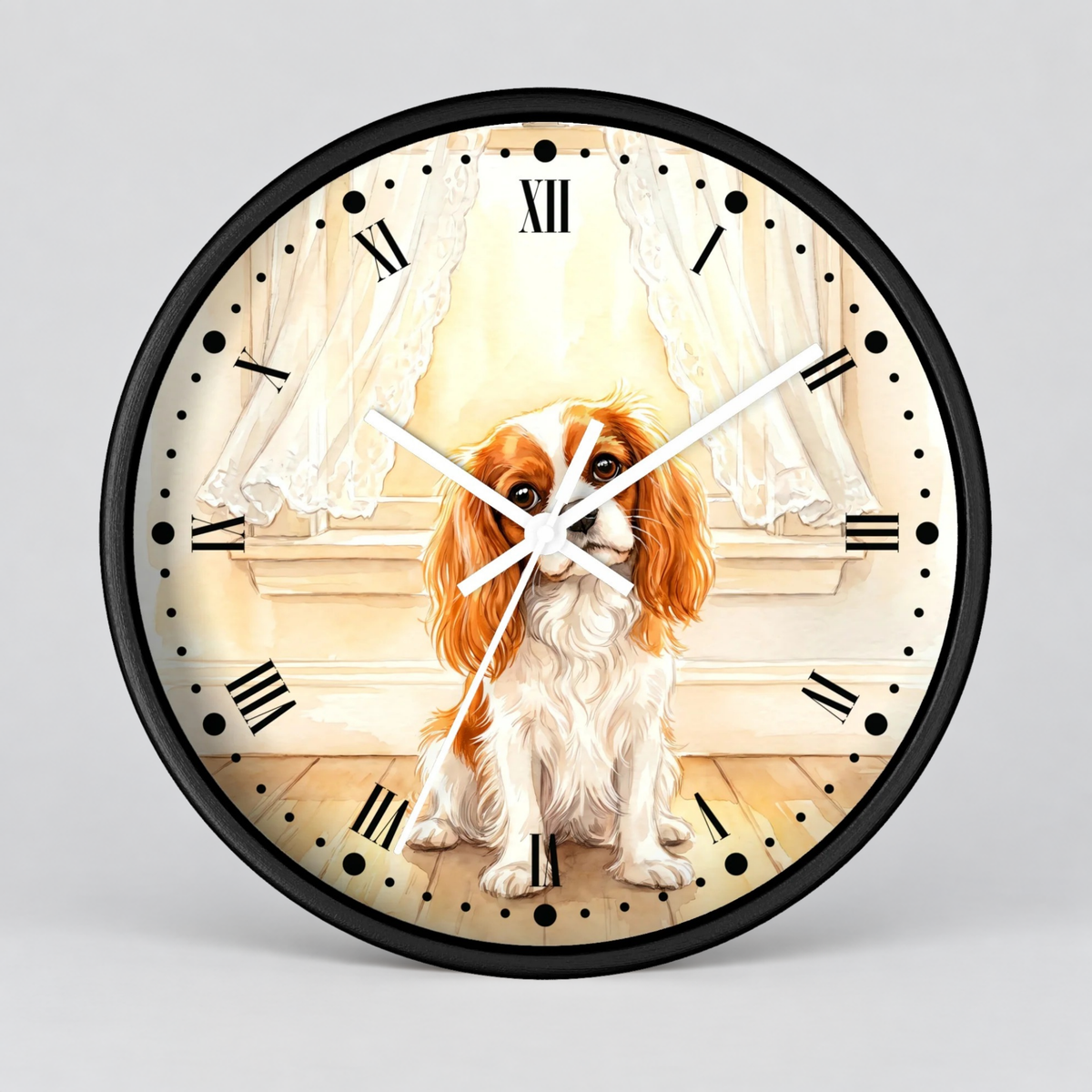 Round wall clock with a black frame and a printed illustration of a white and tan dog sitting in front of cream curtains and a wooden floor. The clock face uses Roman numerals and has white hands.