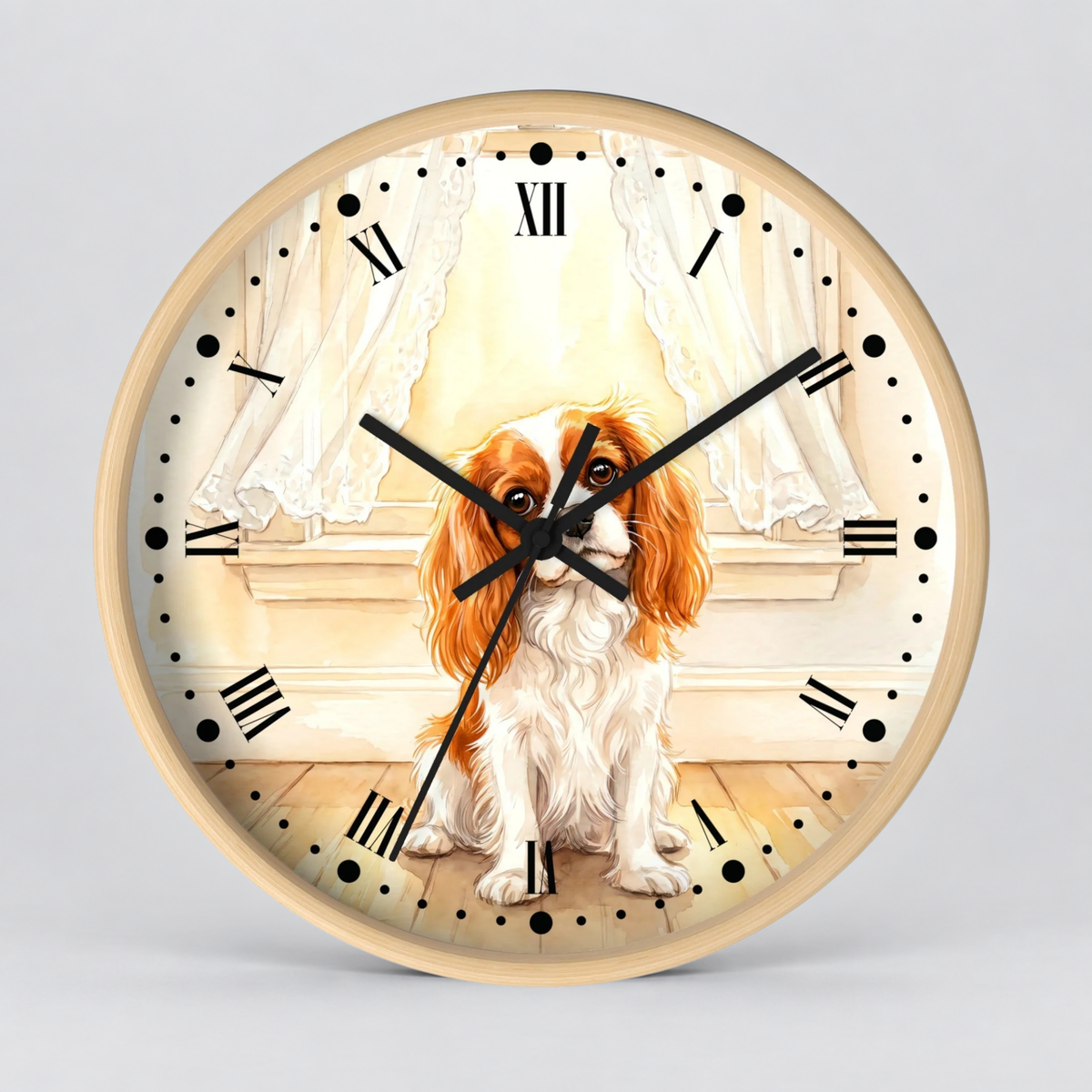 Round wall clock with a light wood frame and a printed illustration of a white and tan dog sitting in front of a window with white curtains. The clock face has black Roman numerals, black dot hour markers, and black clock hands.