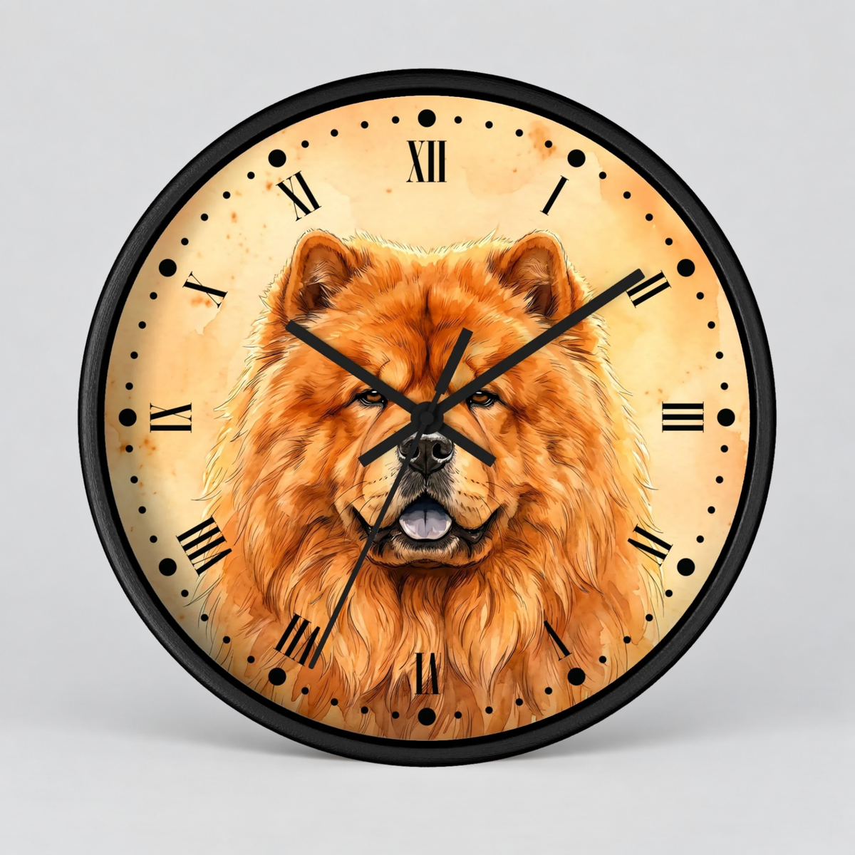 Round wall clock with a black frame and a printed illustration of a fluffy orange-brown dog on a warm beige face, with black Roman numerals and black clock hands, shown on a light gray background.