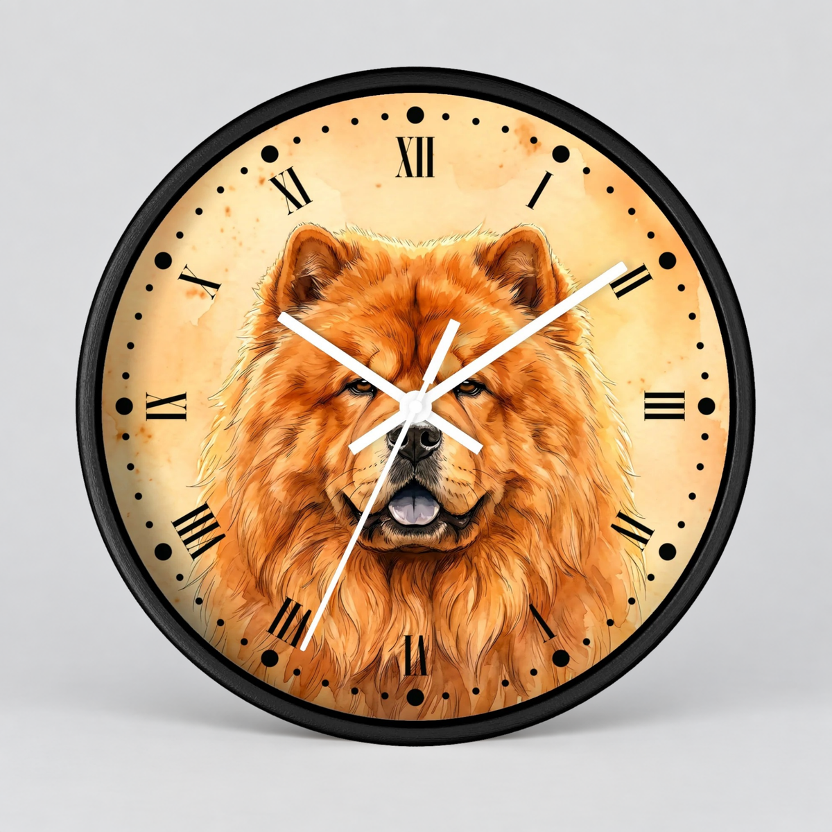 Round wall clock with a black frame and a printed face featuring a detailed illustration of a fluffy orange-brown dog on a warm beige background, with black Roman numerals and white clock hands.