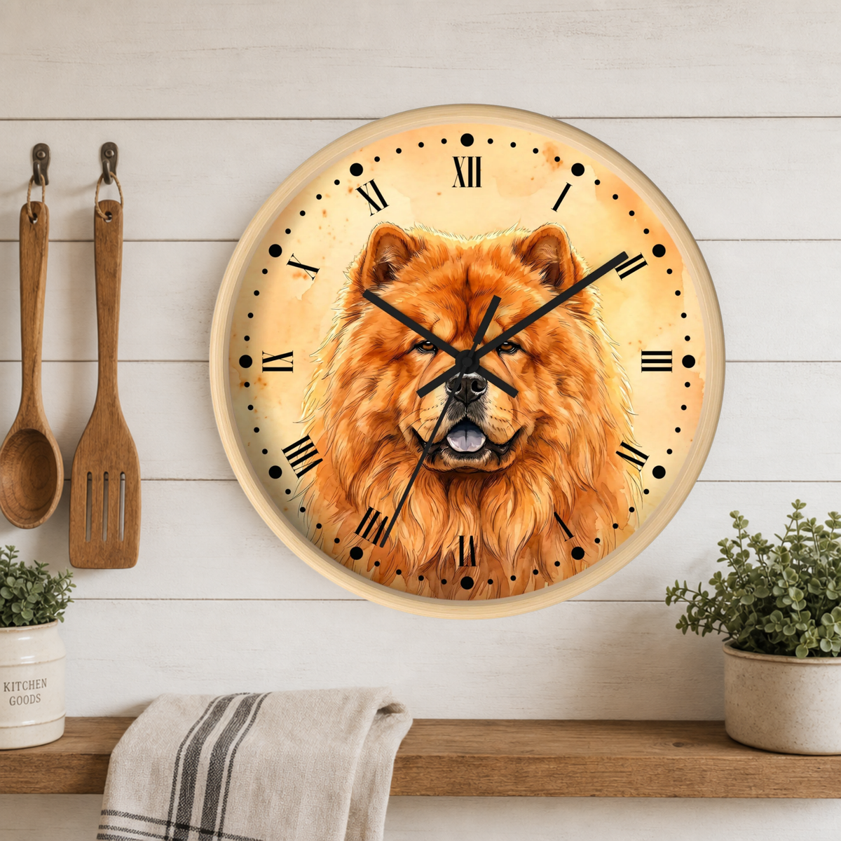 Round wall clock featuring a detailed illustration of a Chow Chow dog face on the clock face, with black Roman numerals and hands, mounted on a white wood paneled wall above a wooden shelf with kitchen utensils and plants.