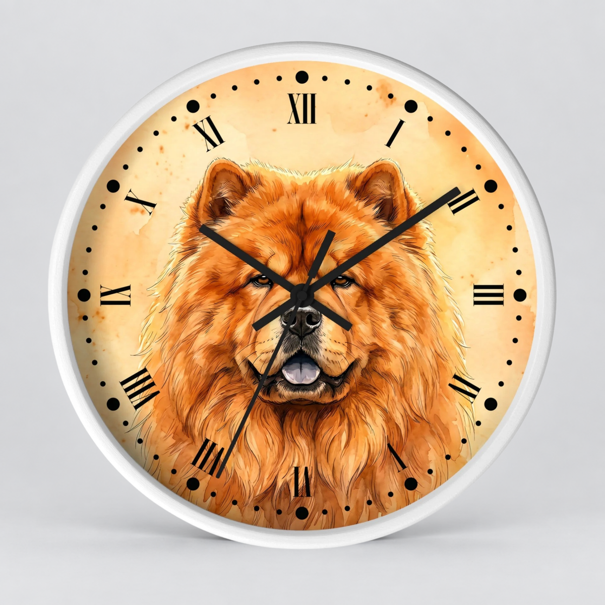 Round wall clock with a white frame and a printed illustration of a fluffy orange-brown dog face on the clock face, with black Roman numerals and black clock hands, shown against a light gray background.