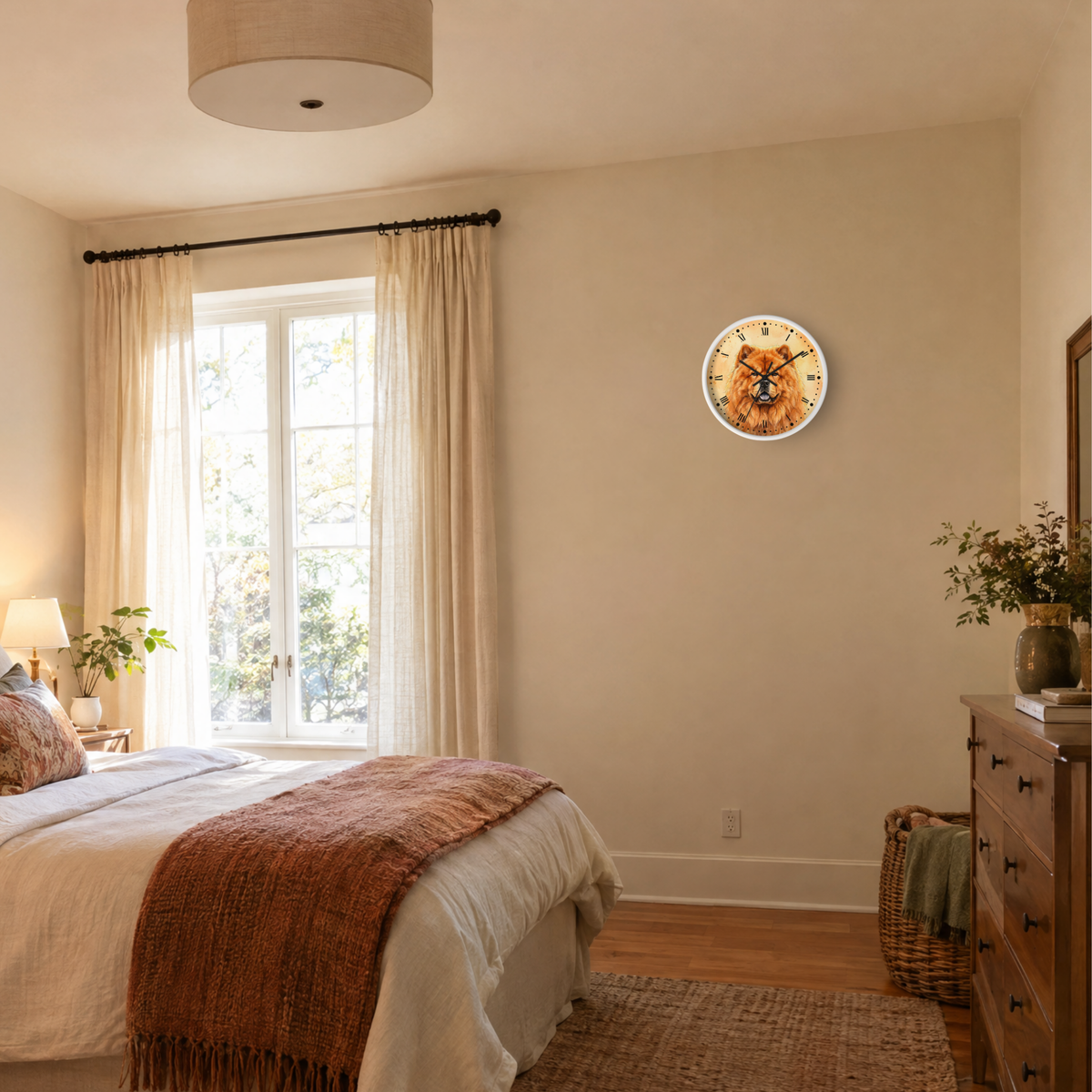 A round wall clock featuring a red chow chow dog illustration, mounted on a beige wall in a styled bedroom setting with a bed, window, and wooden dresser.