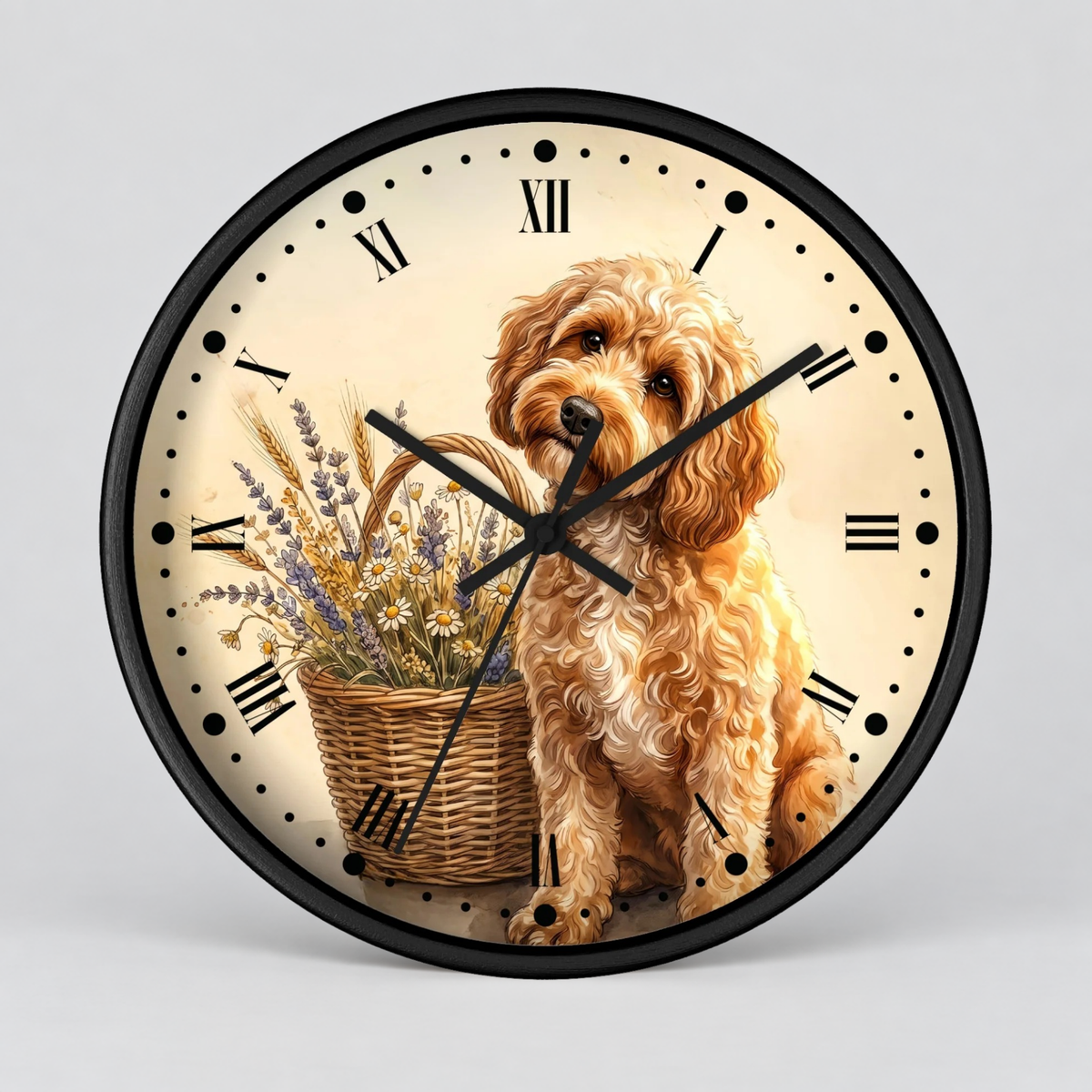 Round wall clock with a black frame and a cream-colored face featuring an illustration of a fluffy golden dog sitting beside a wicker basket filled with dried flowers. The clock uses black Roman numerals and black hands.