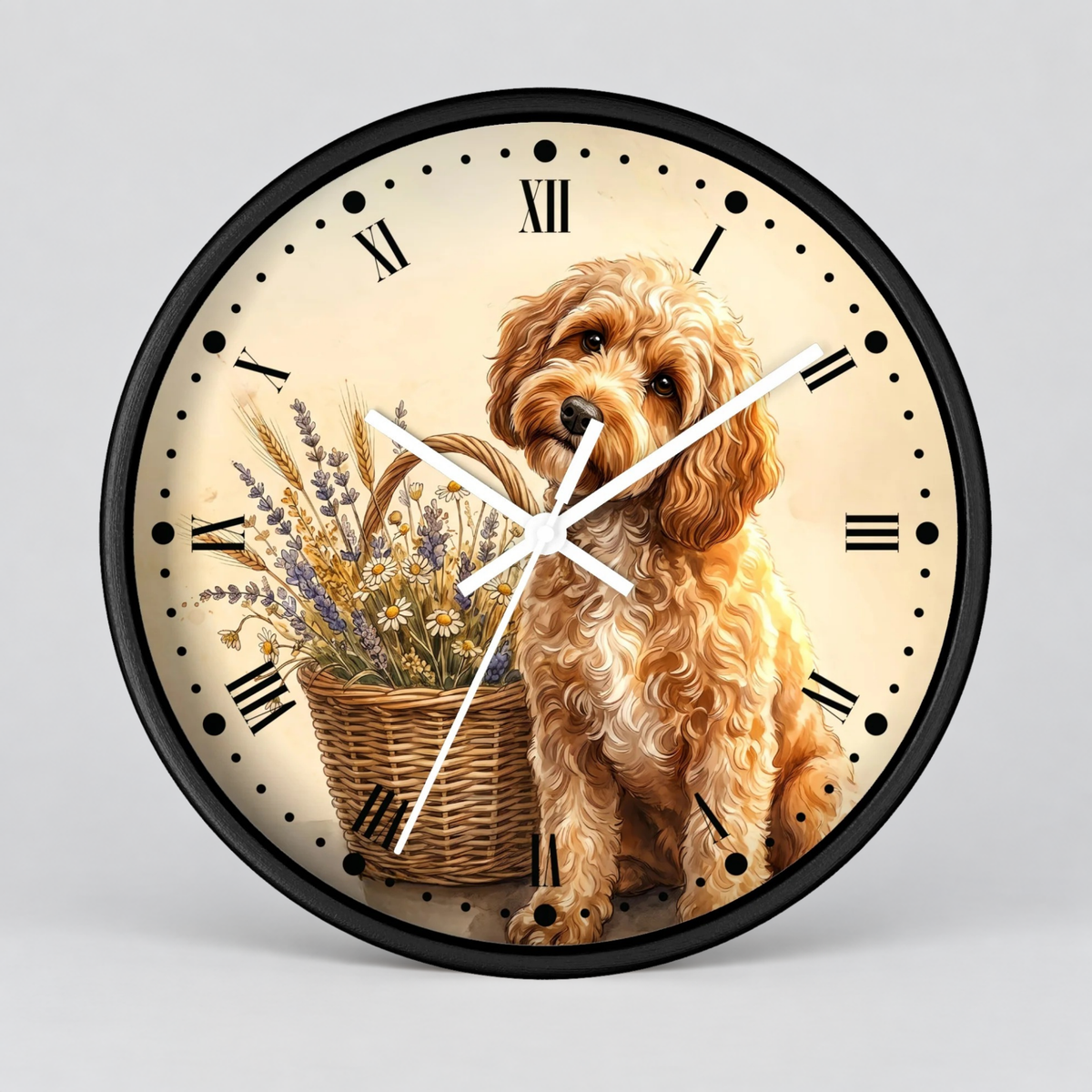 Round wall clock with a black frame and a printed face showing a fluffy golden-brown dog beside a basket of dried flowers on a cream background, with black Roman numerals and white clock hands.