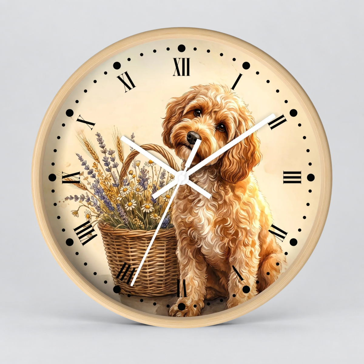 Round wall clock with a light wood frame and a cream-colored face, featuring an illustration of a fluffy golden-brown dog sitting beside a wicker basket filled with dried flowers. The clock uses black Roman numerals and markers with white hands, photographed against a neutral light gray background.