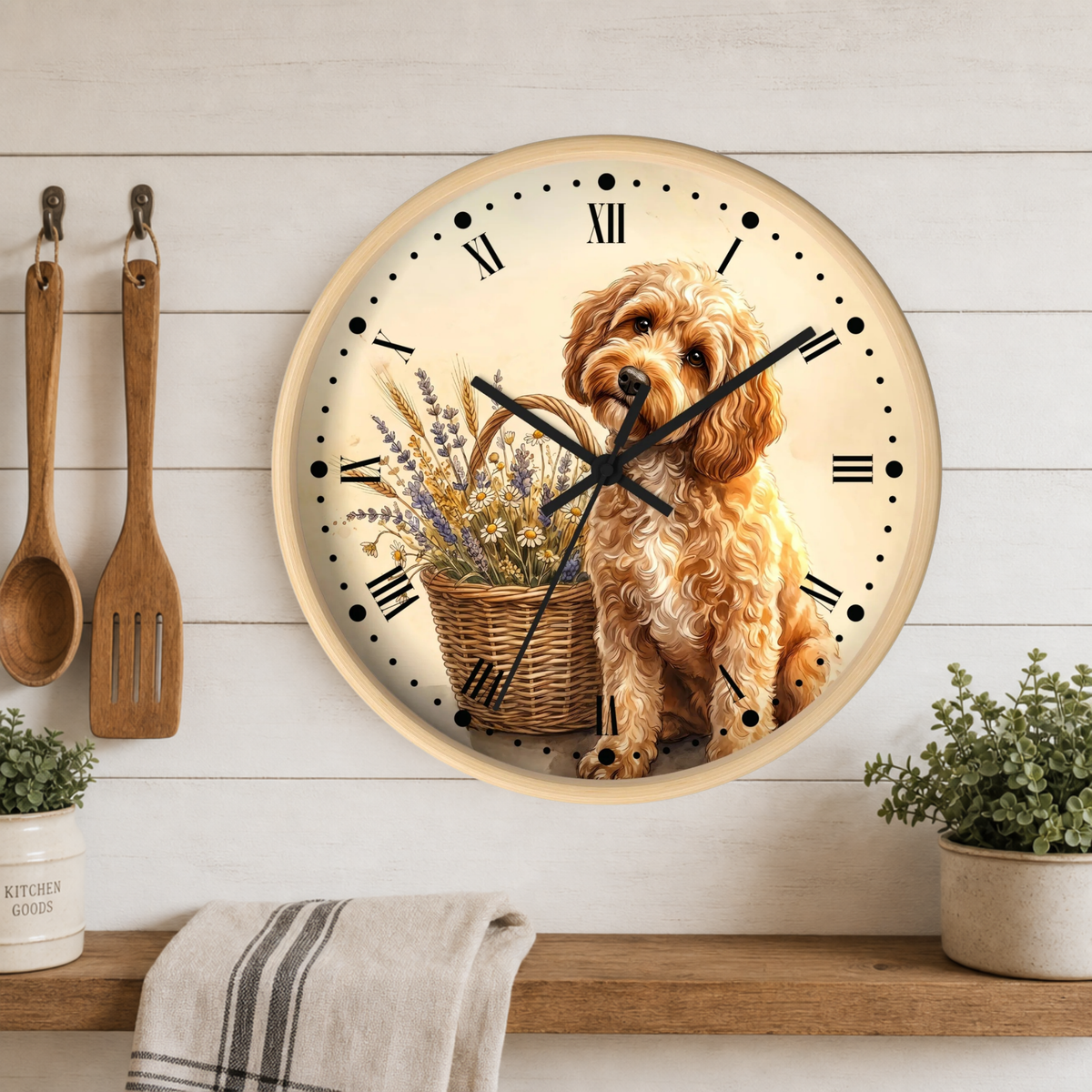 A round wall clock with a cream face and black Roman numerals, featuring an illustration of a golden doodoodle sitting in a basket with dried flowers. The clock is mounted on a white wood-paneled wall above a wooden shelf with kitchen utensils, a towel, and potted plants.