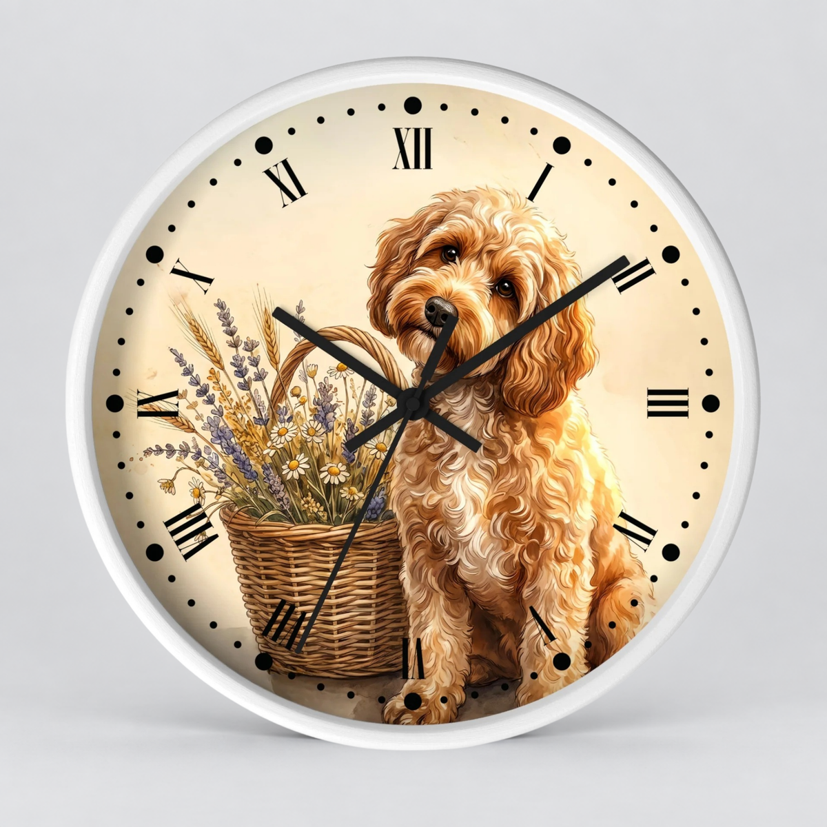 Round wall clock with a white frame and a printed illustration of a fluffy golden-brown dog sitting beside a wicker basket of dried flowers on a cream background.