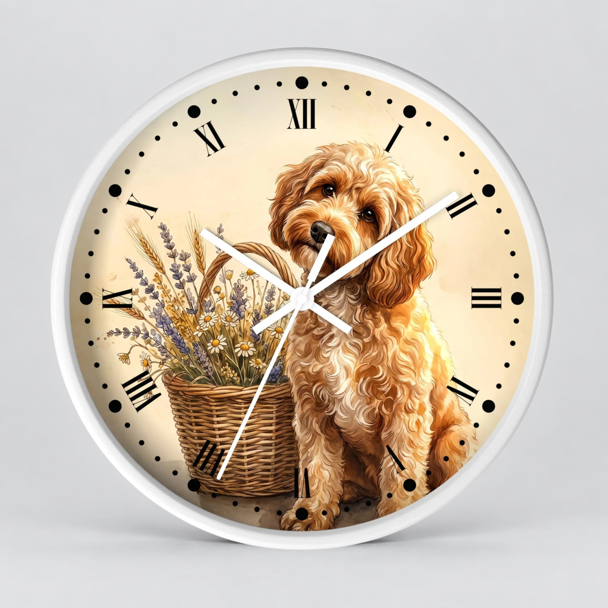 Round wall clock with a white frame and a printed dial featuring a fluffy golden-brown dog sitting beside a wicker basket of dried flowers and wheat on a cream background.