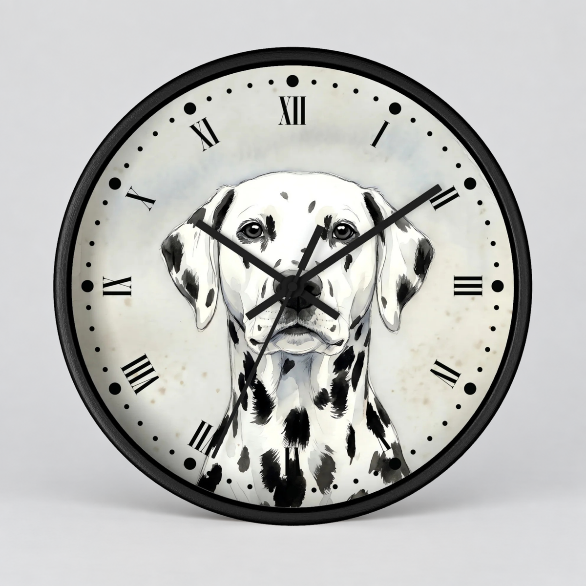Round wall clock with a black frame and a printed Dalmatian portrait on the clock face, with black Roman numerals and hands on a light gray background.
