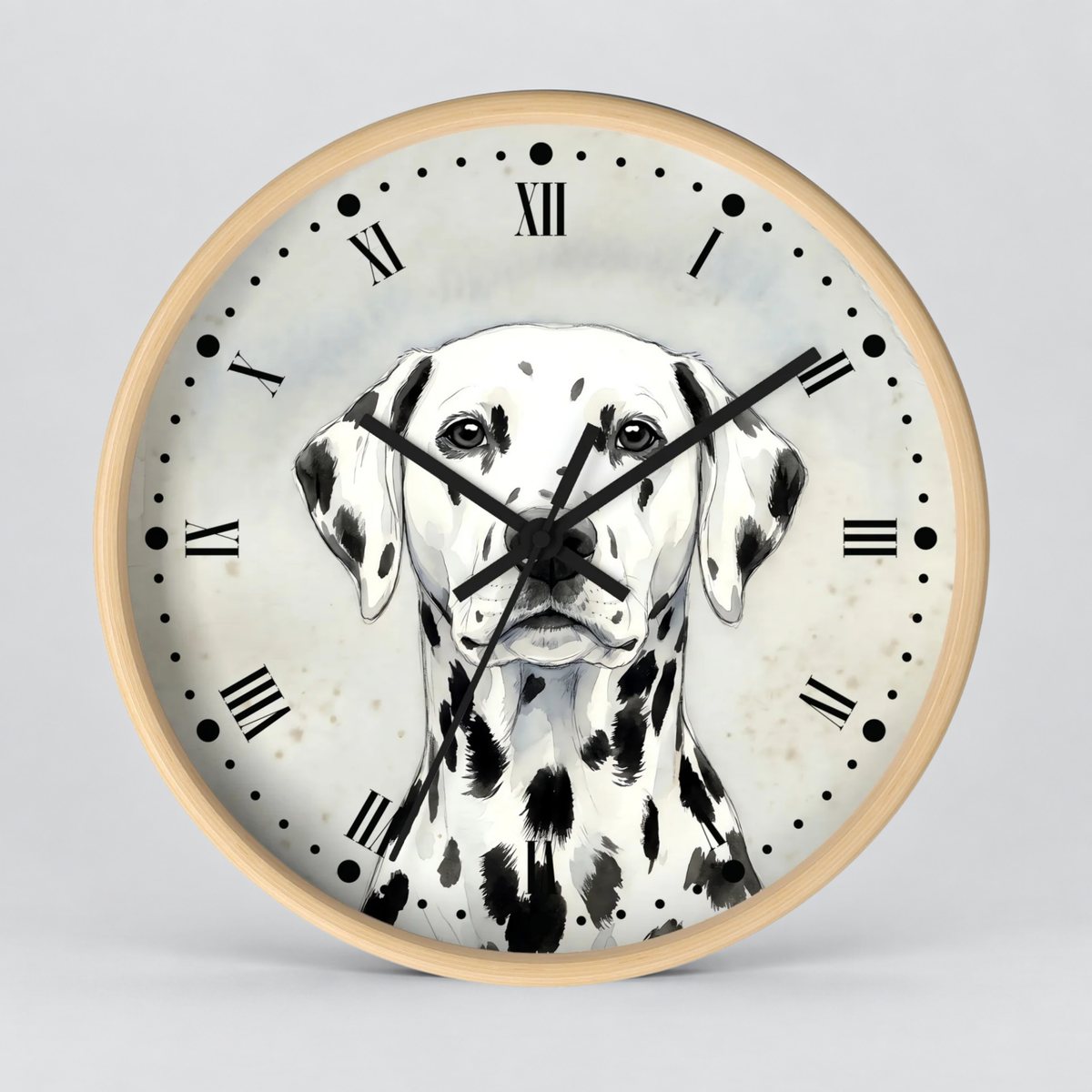 A round wall clock with a light wood frame and a printed illustration of a Dalmatian dog on the clock face, with black Roman numerals and hands on a light gray background.