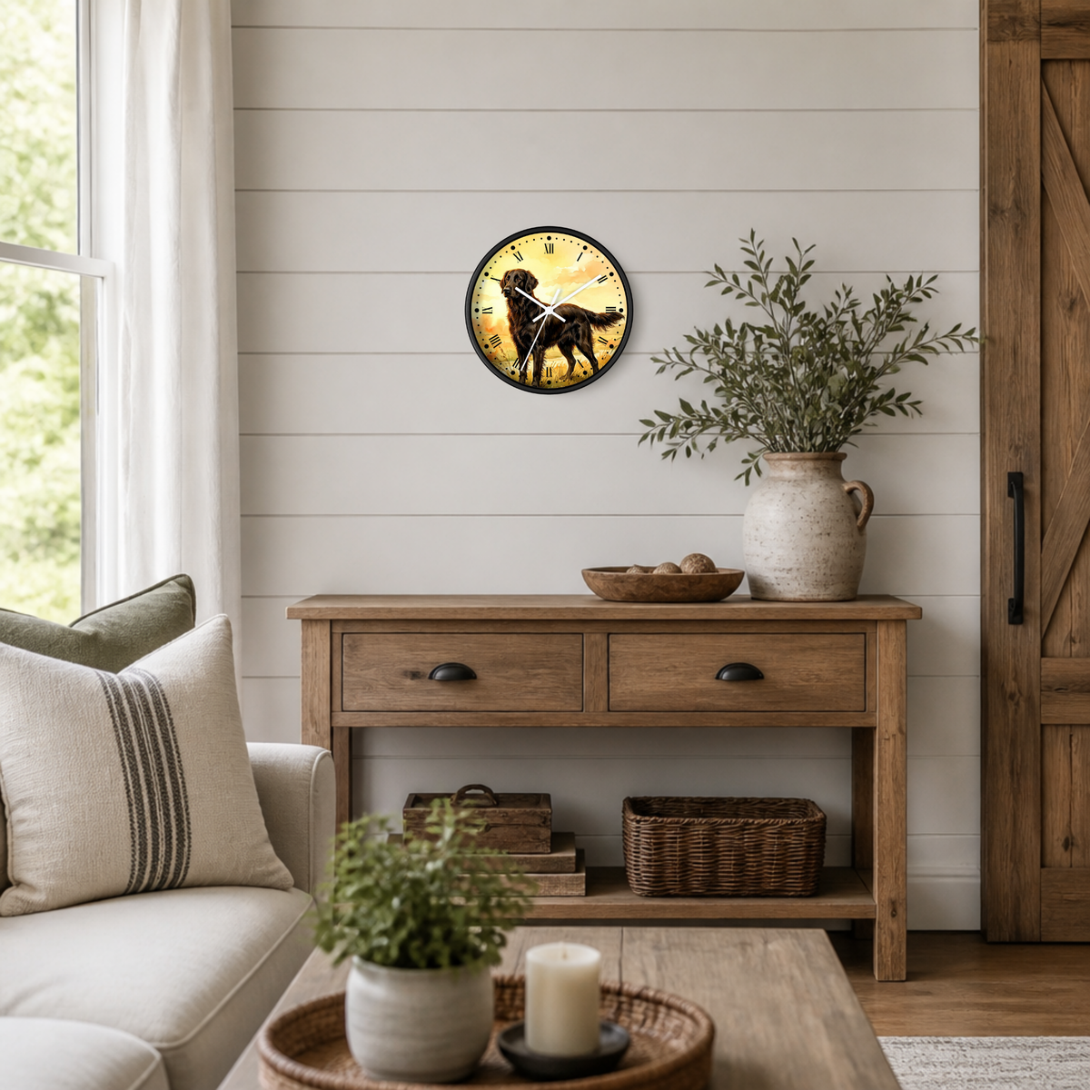 Brown Flat Coated Retriever Wall Clock — Watercolor Sunrise Dog Decor