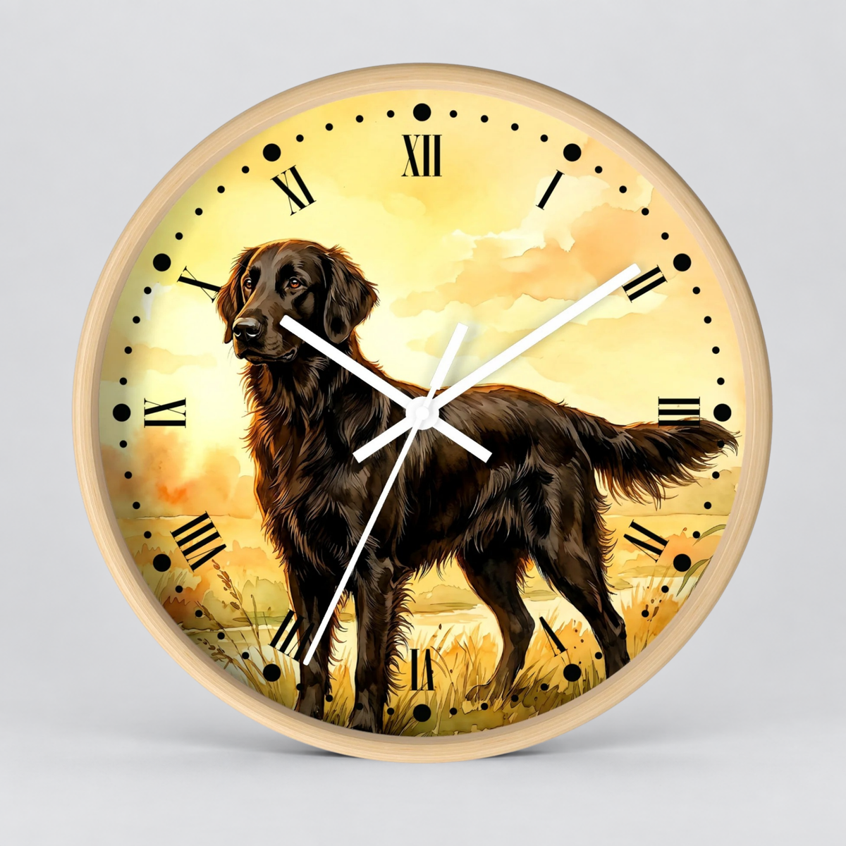 Brown Flat Coated Retriever Wall Clock — Watercolor Sunrise Dog Decor