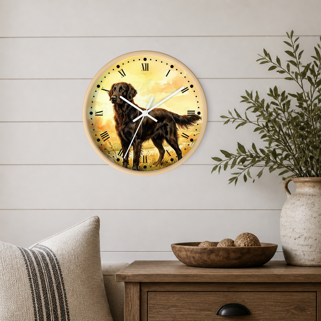 Brown Flat Coated Retriever Wall Clock — Watercolor Sunrise Dog Decor