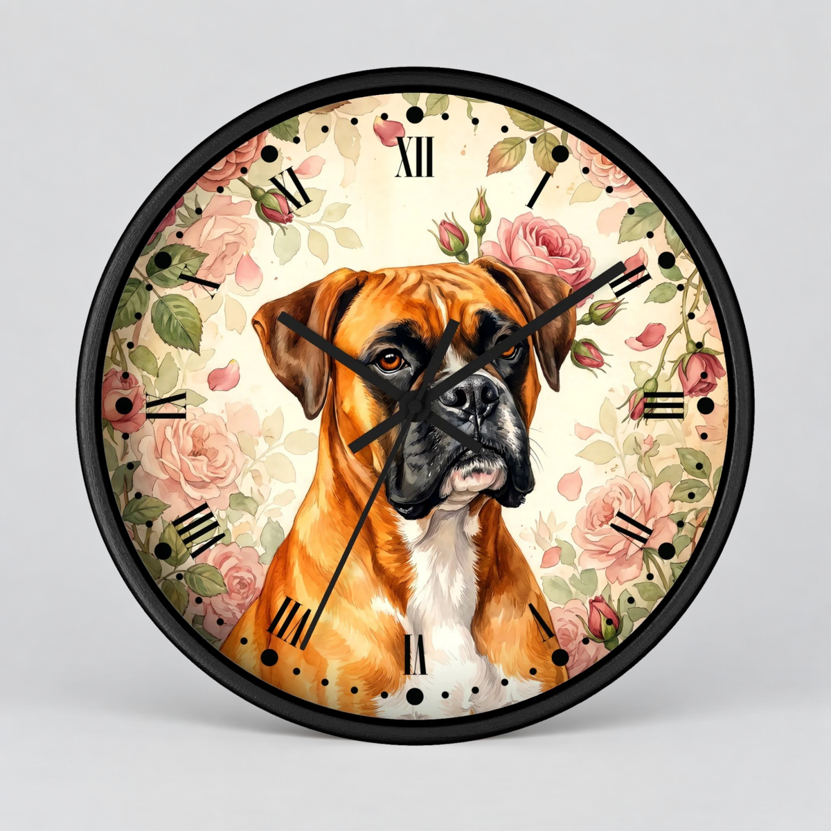 Boxer Floral Wall Clock — Vintage Rose Dog Decor Pet Lovers