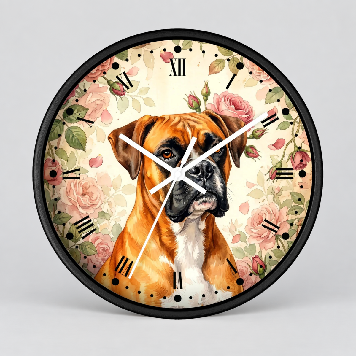 Boxer Floral Wall Clock — Vintage Rose Dog Decor Pet Lovers