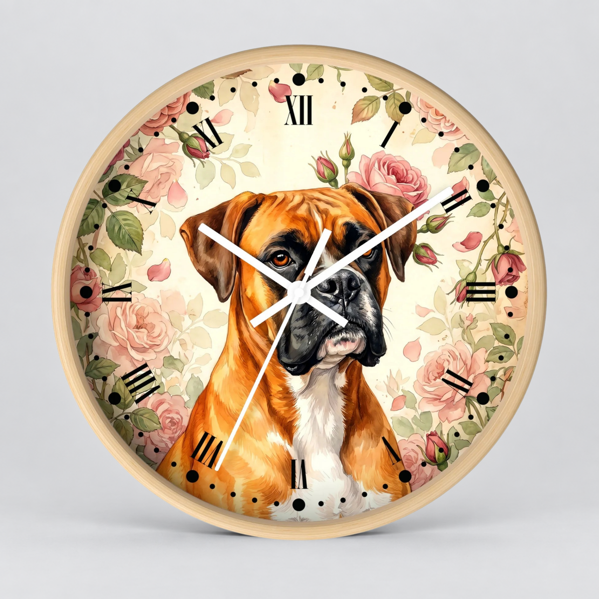 Boxer Floral Wall Clock — Vintage Rose Dog Decor Pet Lovers