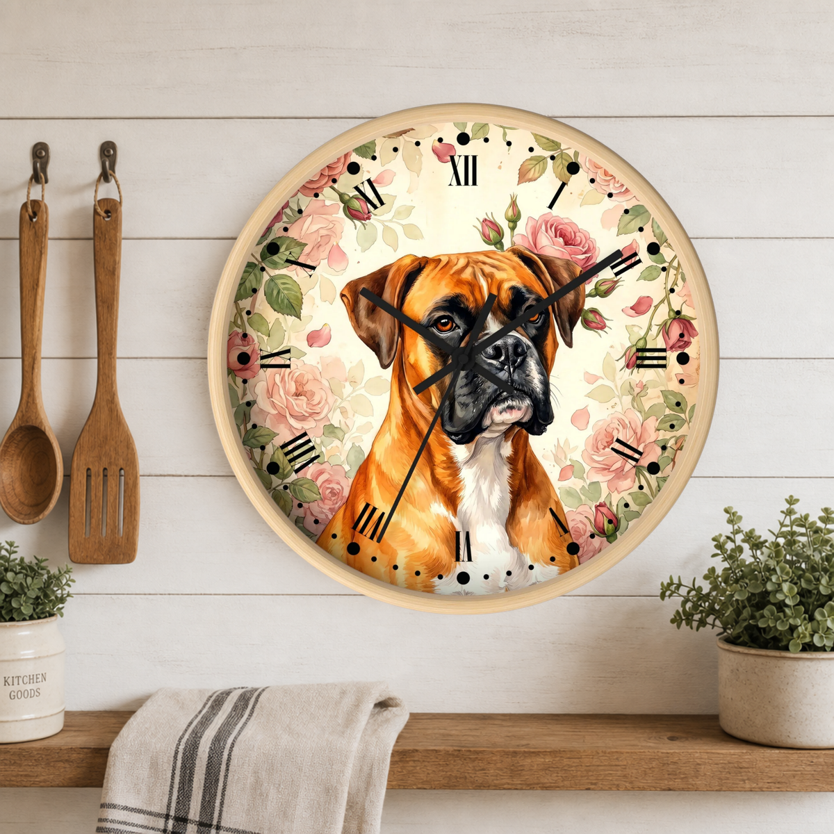 Boxer Floral Wall Clock — Vintage Rose Dog Decor Pet Lovers