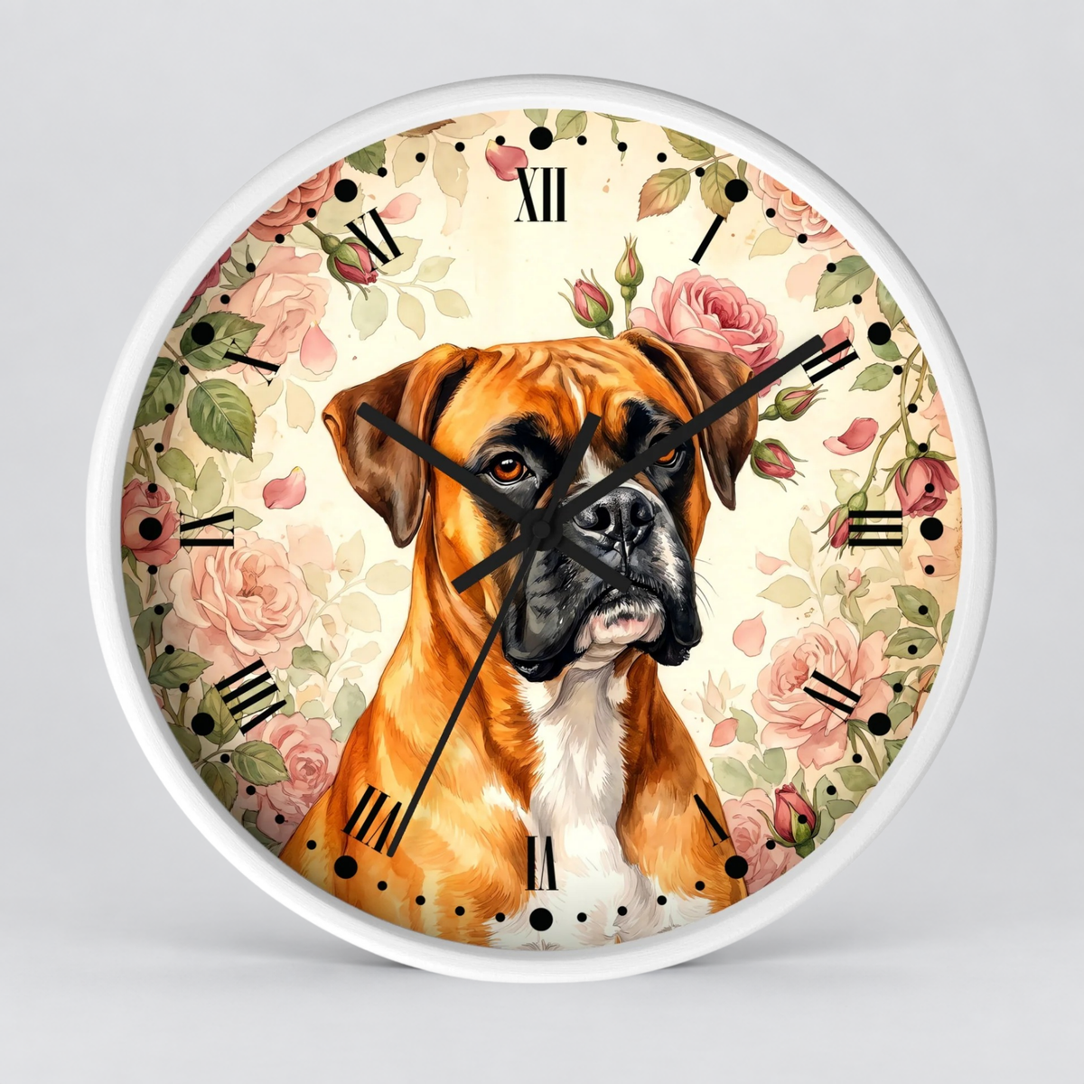 Boxer Floral Wall Clock — Vintage Rose Dog Decor Pet Lovers