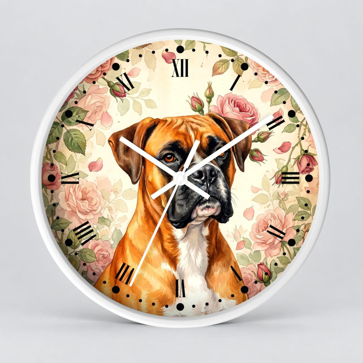 Boxer Floral Wall Clock — Vintage Rose Dog Decor Pet Lovers