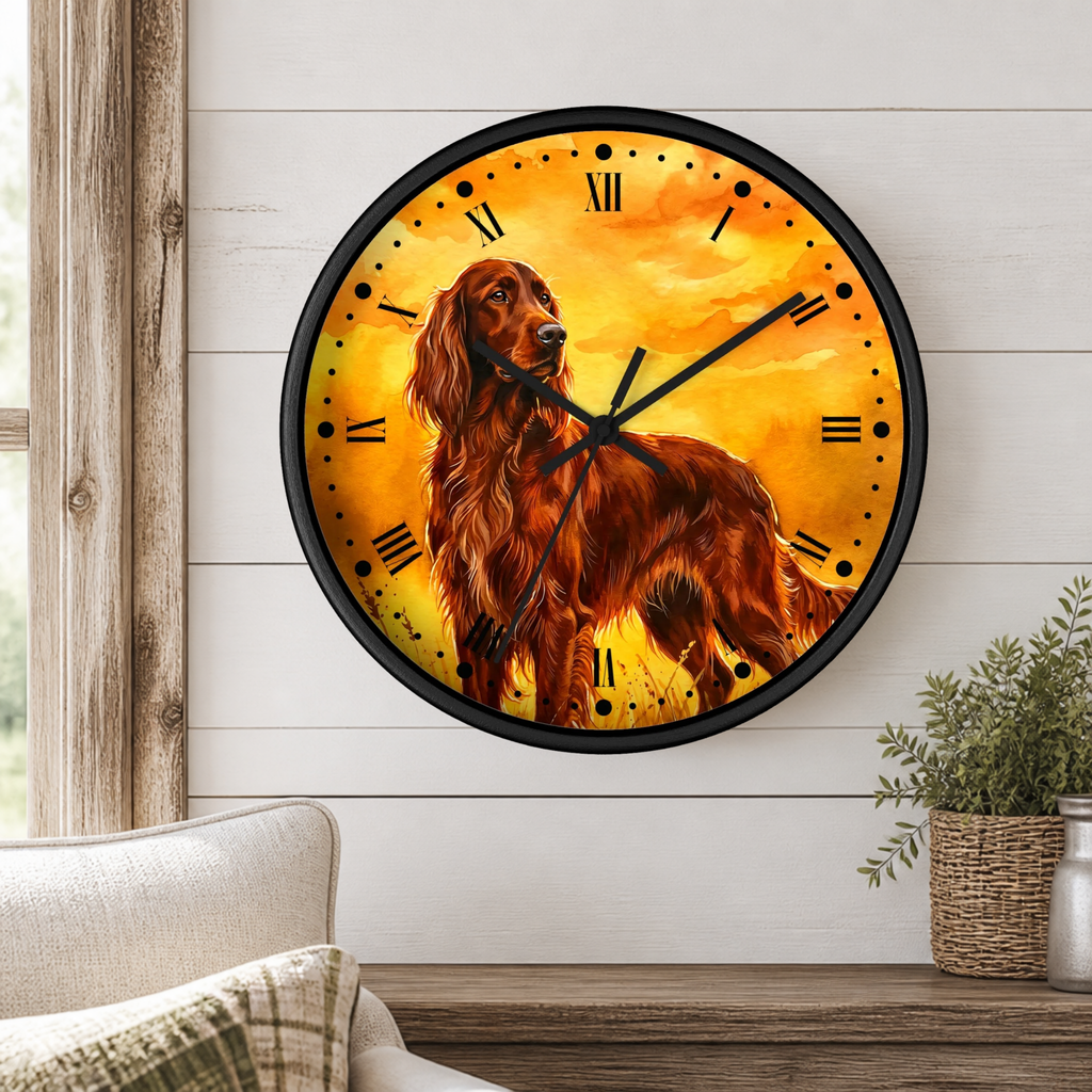 A round wall clock with a black frame and a warm-toned illustration of a red and white dog on the face, mounted on a white shiplap wall above a wooden table with a plant and part of a sofa visible.
