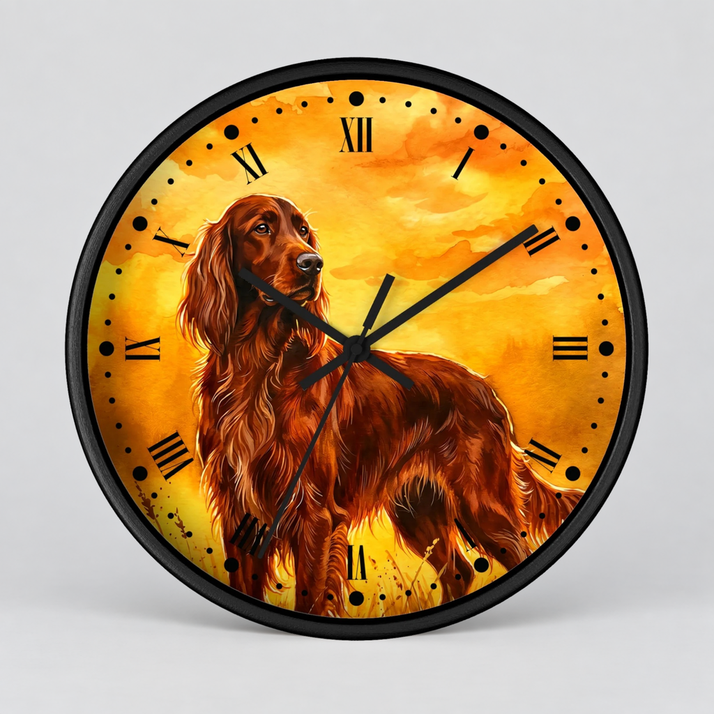 Round wall clock with a black frame and a printed illustration of a long-haired red dog against a glowing yellow-orange background, with black Roman numerals and hands.