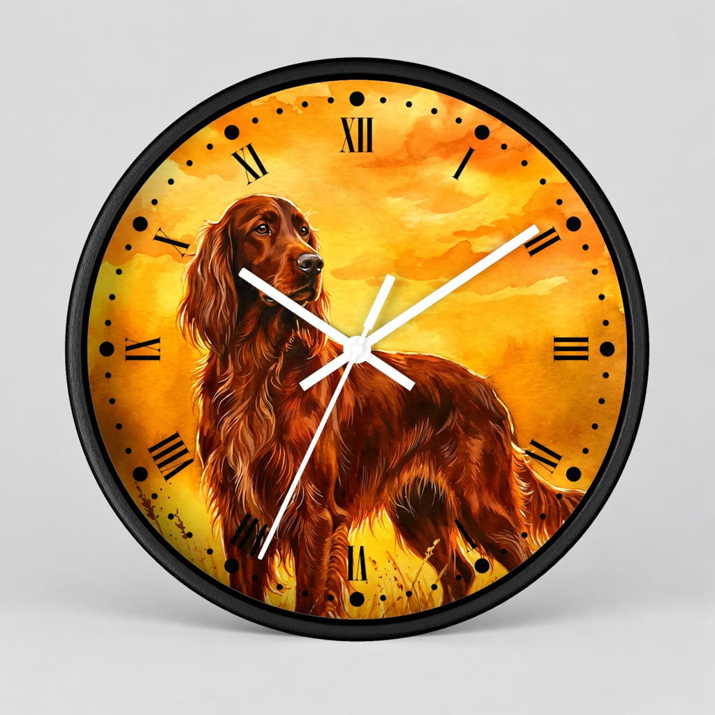 Round wall clock with a black frame and a printed illustration of a reddish-brown long-haired dog against a warm yellow-orange sky background, with black Roman numerals and white clock hands.